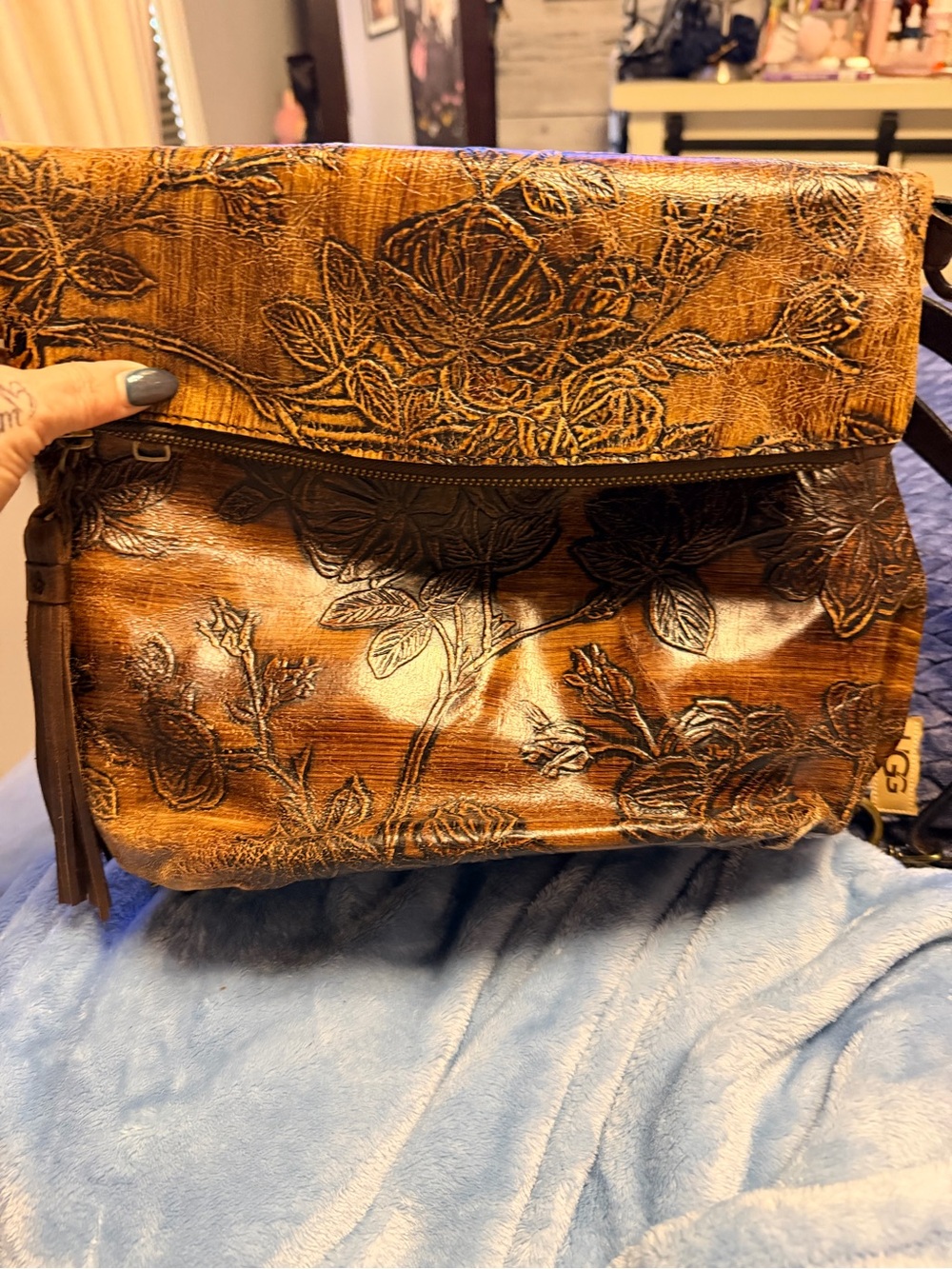 Patricia Nash Embossed Floral Leather Crossbody Bag in Brown
